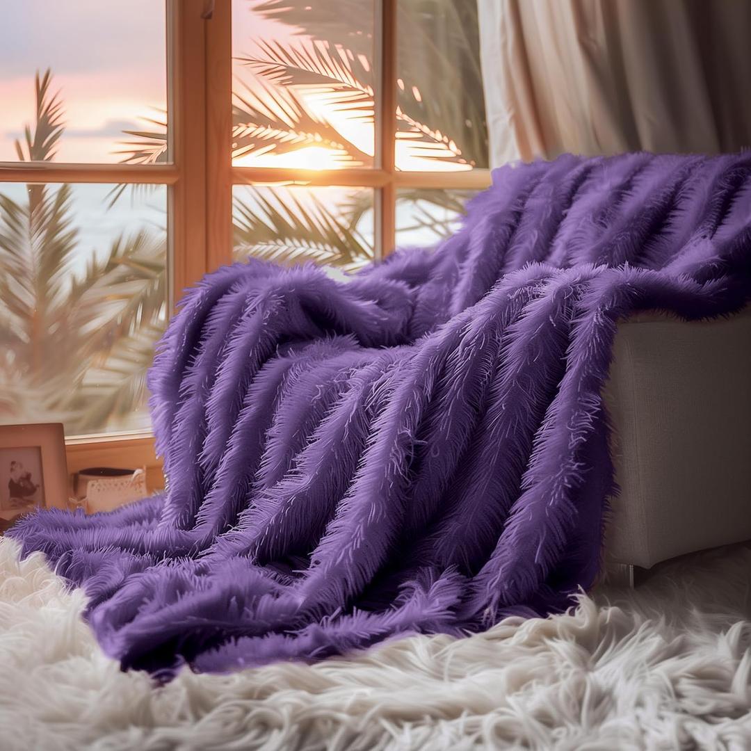 Purple Fuzzy Throw Blanket, 2 Way Reversible Ultra Soft Long Faux Fur Throws, Shaggy Cozy Fluffy Blankets for Couch Sofa Home Decor, 60x80