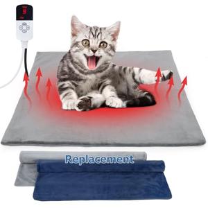 Cat Heating Pad Outdoor, Heated Cat Bed for Dogs, Indoor Warming Electric Pet Heating Pad with Chew Resistant Cord, Waterproof Heated Pet Mat with Adjustable Temperature & Time Kitten 18"*18"