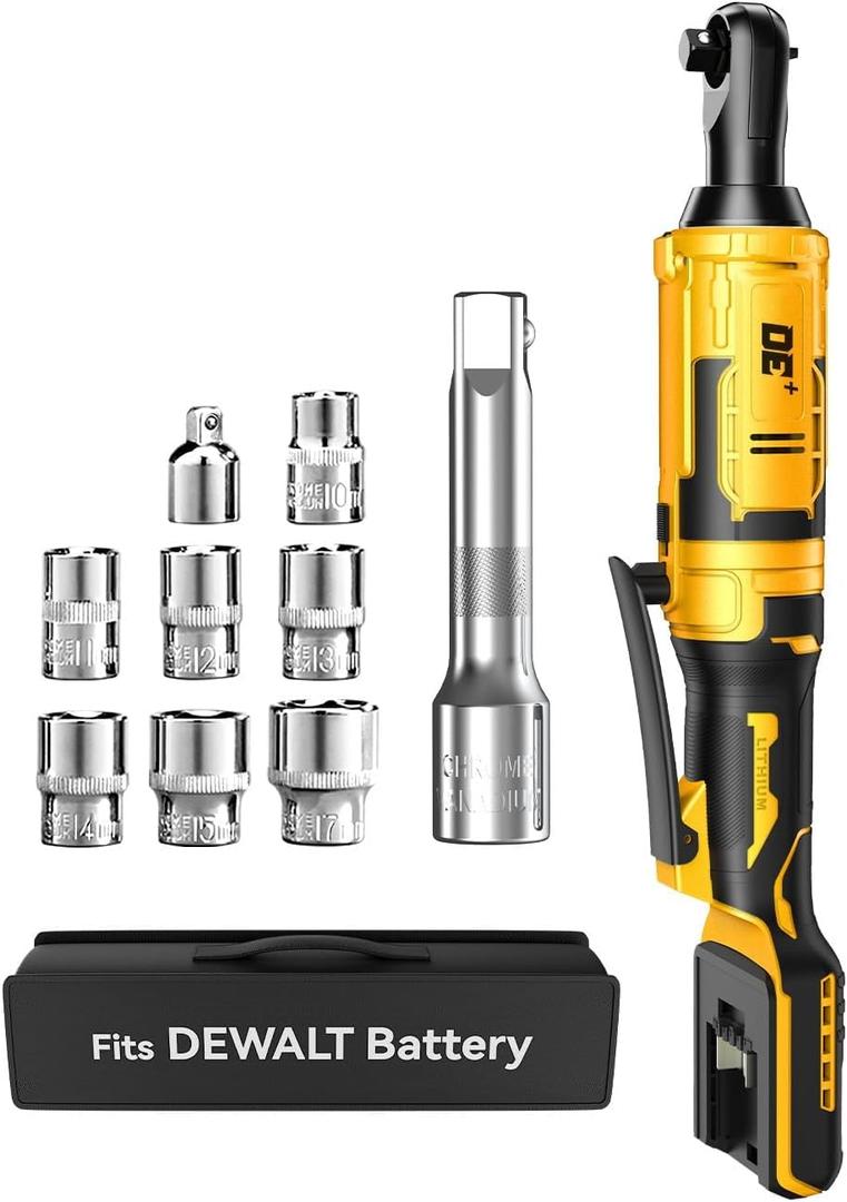APEXPOWER 3/8 Inch Cordless Ratchet Wrench for DEWALT 20V Battery, 88Ft-Lbs, 0-400RPM, Electric Wrench Ratchet w/Variable Speed Trigger, Reinforced Head, R&F Switch, 7 Sockets,3/8" to 1/4" Adapter