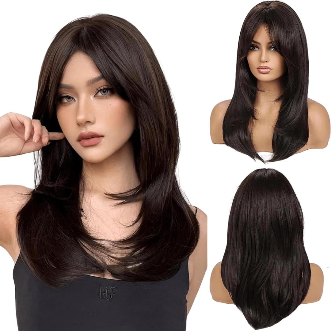 Long Layered Wigs With Bangs - Brown to Black Wavy Wigs 22 inch Heat Resistant Synthetic Wig for Daily Party Use