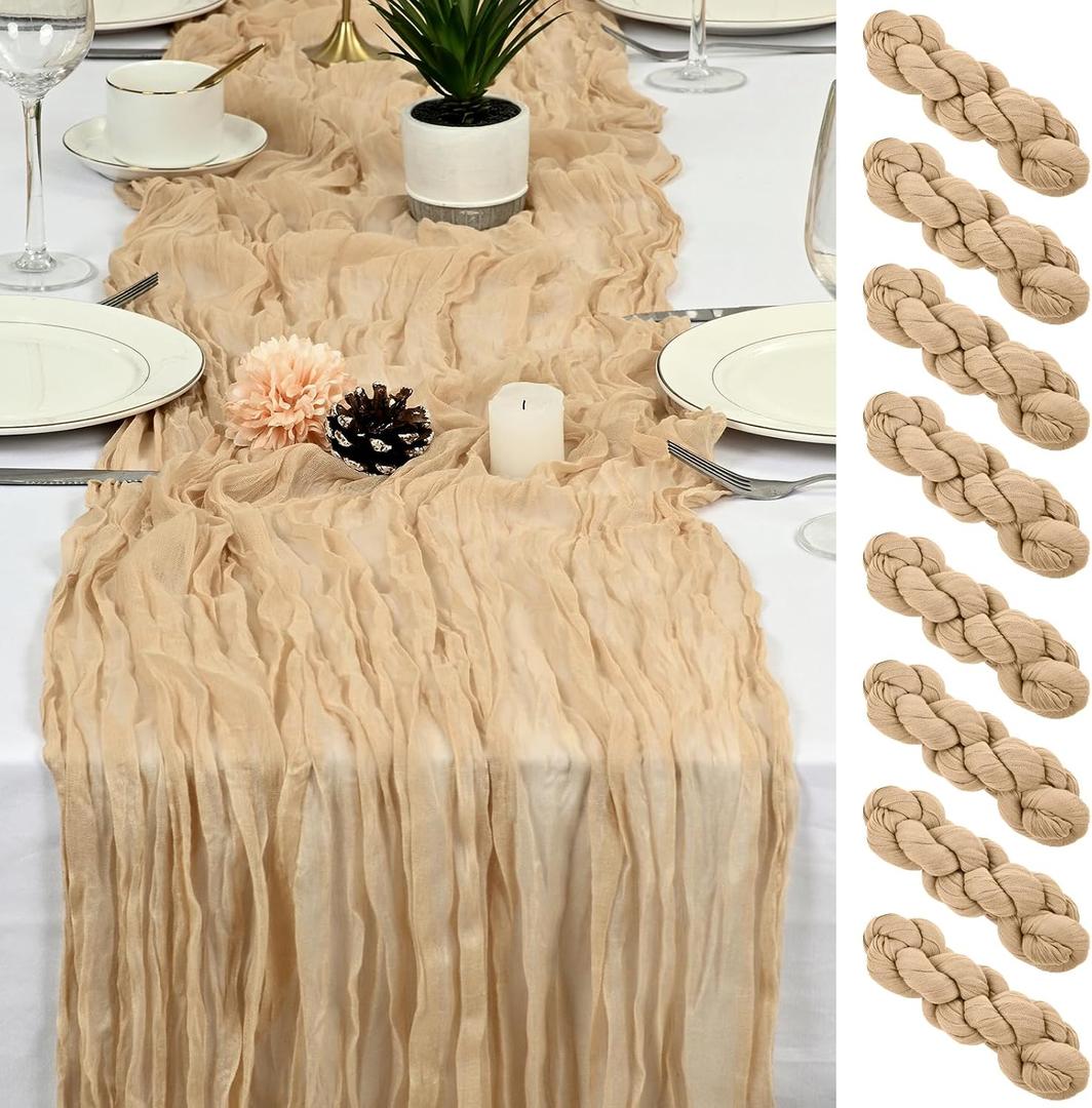 8 Pack Beige Cheesecloth Table Runner 17x108 inch Boho Gauze Cheese Cloth Table Runners for Wedding Party Baby Bridal Shower Home Decor