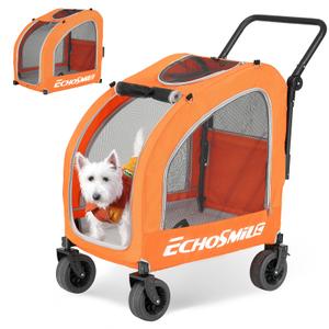 EchoSmile 4 Wheels Pet Stroller, Dog & Cat Stroller for All-Season, Lightweight Carrier with Storage Basket, Adjustable Handle, Removable Pad, Breathable Mesh, Up to 135 lbs, Orange (Orange)