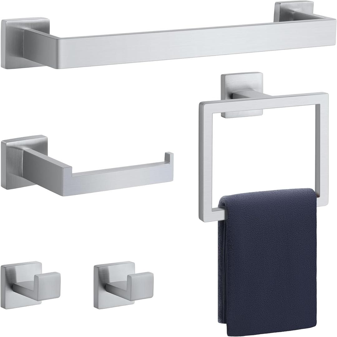 Bathroom Hardware Set Brushed Nickel 5-Pieces Bathroom Towel Rack SUS304 Stainless Steel Bath Towel Bar Set, Towel Racks Wall Mounted.