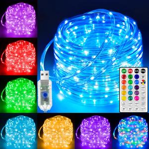 Ollny USB Rope Lights Indoor Color Changing, 33FT 100 LED String Lights with Remote, 18 Colors Christmas Light for Indoor Bedroom Party Wedding Holiday Decorations (RGB (Red, Green, Blue))