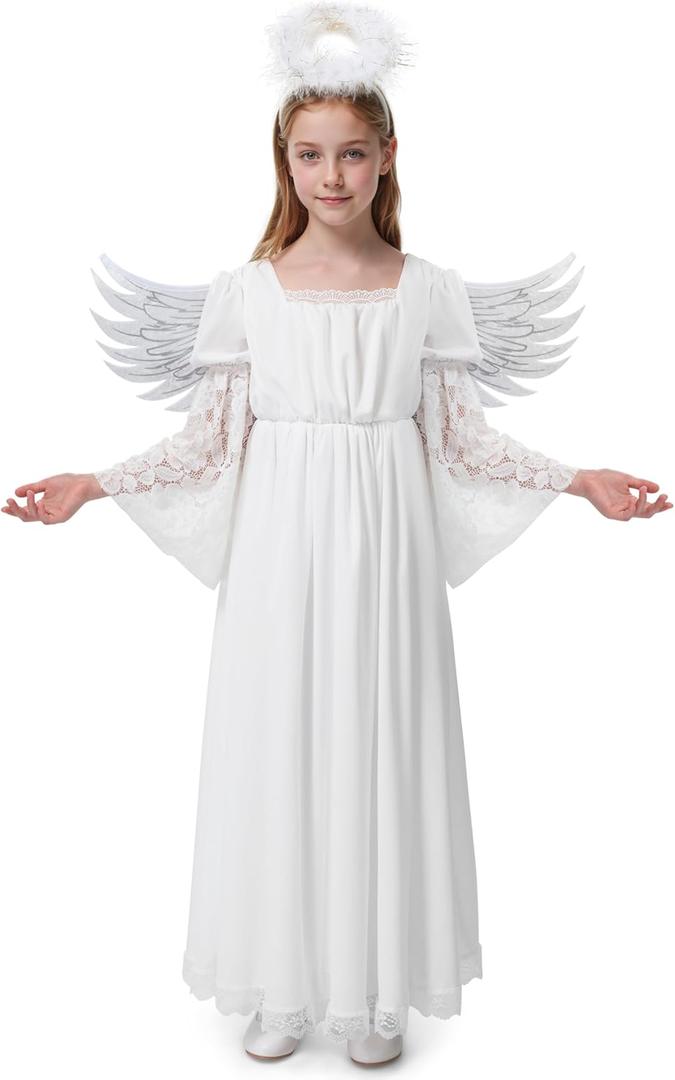 Spooktacular Creations Halloween Child Girl Halo Angel Dress Costume, Angel White Gown for Kids Halloween Role Play Parties (Medium(8-10 yrs)