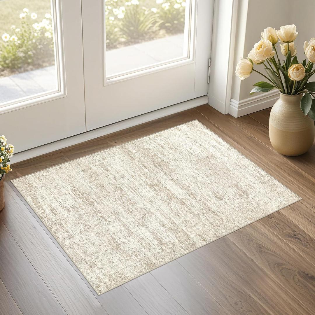 UERMEI 2x3 Entryway Area Rug: Washable Neutral Modern Abstract Small Rug - Non-Slip Low Pile Throw Indoor Carpet for Entrance Kitchen Front Door Mat Bathroom Entry Kids Room - Dark Brown - Beige/Brown