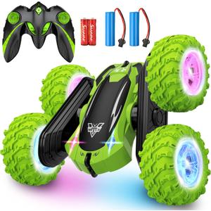 KKONES Remote Control Car, 2.4GHz Electric Race Stunt Car, Double Sided 360 Rolling Rotating Rotation, LED Headlights RC 4WD High Speed Off Road Gift for 3 4 5 6 7 8-12 Year Old Boy Toys (Green)