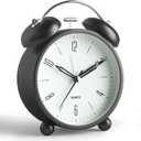 Twin Bell Loud Alarm Analog Alarm Clock, 4 inch Super Silent Non Ticking Small Clock with Night Light, Battery Operated, Simple Design, Old Fashioned, for Heavy Sleeper, Bedroom, Bedside, Desk, Black