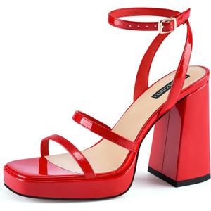 MIRAAZZURRA Platform Strappy Heel Sandals Square Open Toe Two Strap Chunky High Heeled Sandals with Buckle Ankle Strap for Women Party Wedding Dress (Red)