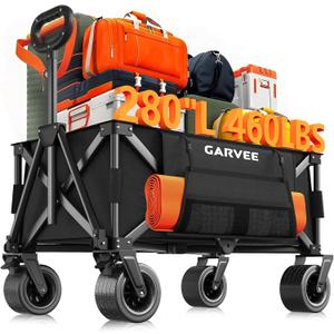 Wagon Carts Foldable, 460LBS Weight Capacity 280L Collapsible Wagon with All-Terrain Wheels, Drink Holders, Storage Cover&Elastic Rope, Utility Carts for Groceries, Shopping, Camping, Sports -Black