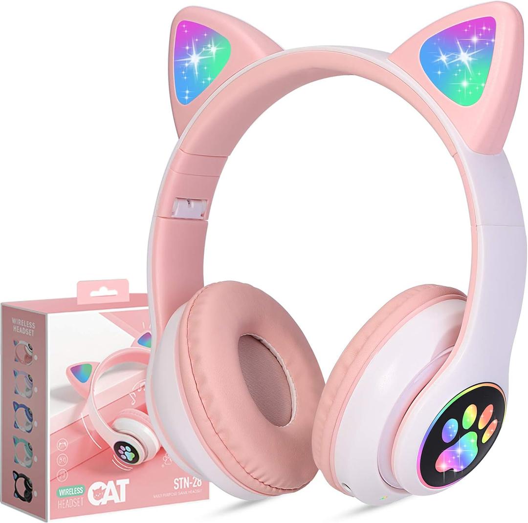 TCJJ Bluetooth 6.0 Cat Ear Kids Headphones for Girls, LED Light Up, 85dB Safe Volume Limit, Stereo Sound Toddler Foldable Wireless & 3.5mm Wired Headset with Mic for School, Tablet, Travel (Pink)