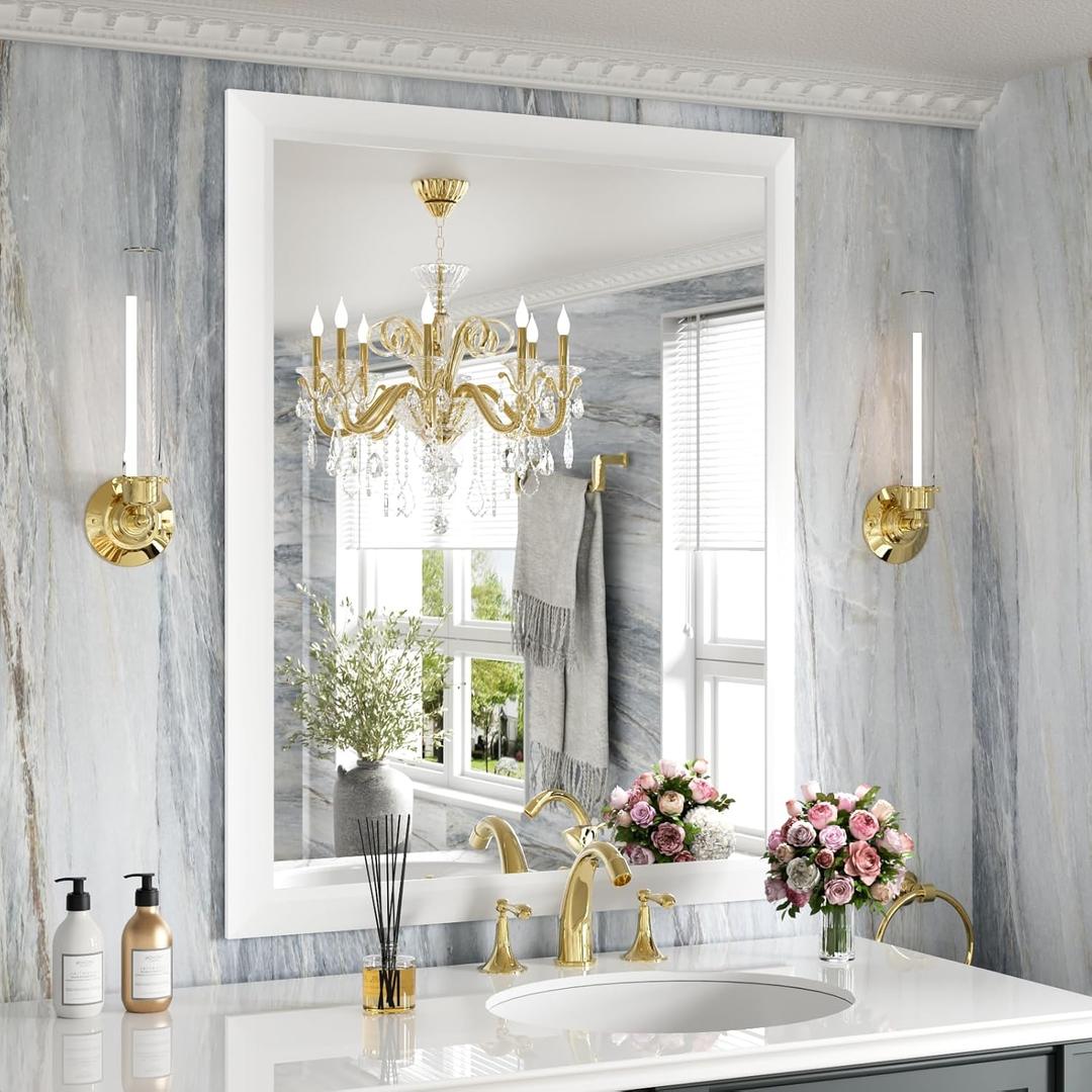 Amorho Bathroom Mirror, 28x36 Inch White Thick Metal Framed Wall Mirrors for Over Sink, Bedroom, Living Room, Entryway, Rectangle Wall-Mounted Mirrors(Horizontal/Vertical), (36"L x 28"W, White)