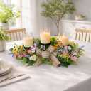 Floral Candle Holder Centerpiece for Table, 3 Candle Holders with Spring Floral Arrangement, Farmhouse Rustic Centerpiece for Dining Table, Wedding, Easter and Home Decor