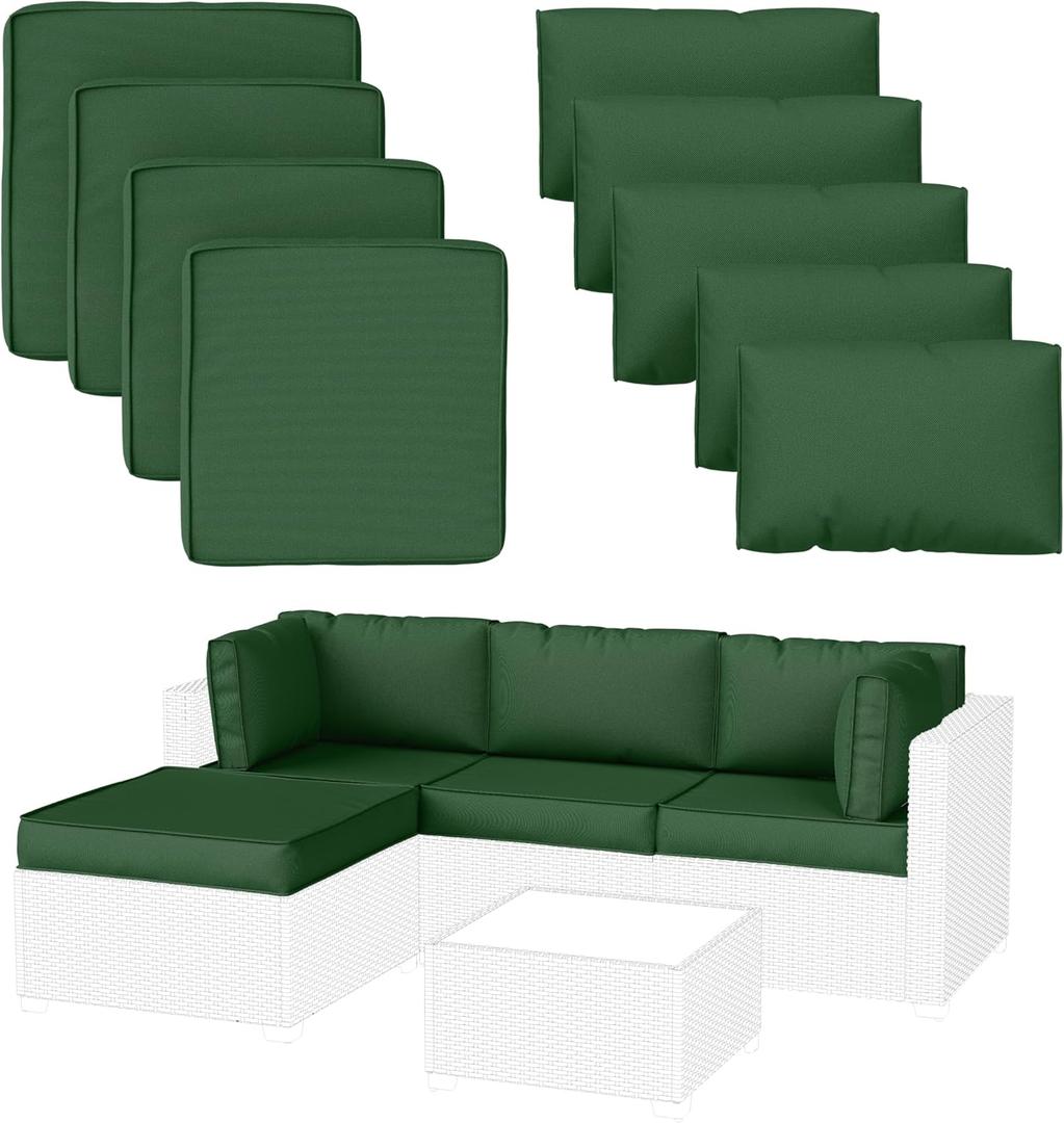 9 Pack Patio Cushion Covers Outdoor Furniture Cushion Slipcovers Replacement Waterproof with Zipper for 5 Pcs Patio Furniture Set, Covers Only, Green
