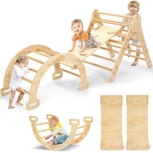 CoziBB Pikler Triangle Set, 5 in 1 Wooden Baby Climbing Toys, Indoor Playground for Kids, Foldable Toddler Climbing Toys with Ramp, Arch Climber, Montessori Climbing Set Gym for Kids 2-5 Years