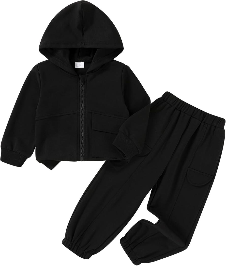 YOUNGER TREE Toddler Girls Fall Clothes Kids Hoodie Zipper Sweatshirt and Sweatpants Outfits Girls Winter Sweatsuit (2-3T, Black)