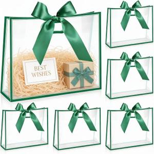 Aliceset 12 Pcs Clear Plastic Gift Bags with Die Cut Handles Reusable Party Favor Bags with Ribbon for Mother's Day Wedding Graduation Bridal Shower Baby Shower, 12 x 10 x 5''(Green)