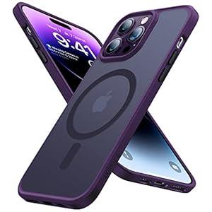 TORRAS Stronger Magnetic for iPhone 14 Pro Case, 12 FT Military Grade Drop Tested, Compatible with MagSafe, Slim Protective Matte Silicone for iPhone 14 Pro Phone Case, Translucent Back/ Purple Edge