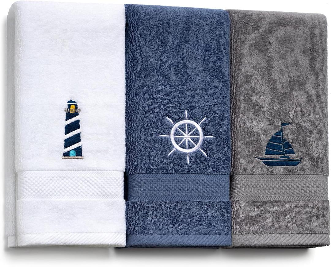 HunnmingRe 3 Pcs Nautical Hand Towels 13.3 x 28.4'' Nautical Bathroom Decor Summer Dark Blue White Cotton Dish Towels Coastal Boat Owners Gift for Home Bath Kitchen Beach Accessories