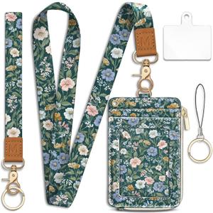 Lanyard Wallet with Id Badge Holder, Floral RFID Small Keychain Wallet Women Wristlet, Cute Zipper Credit Card Holder Phone Wrist Neck Strap for Key Name Tag, Teacher Student Office Gifts
