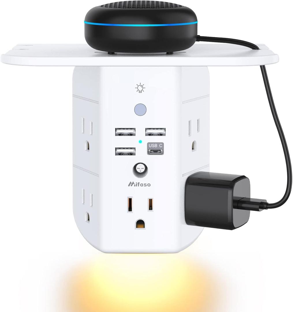 Wall Outlet Extender with Shelf and Night Light,Surge Protector,USB Wall Charger with 5 AC Outlets and 3 USB Ports 1 USB C Outlet Wide Space 3-Sided Power Strip Multi Plug Outlets (White)