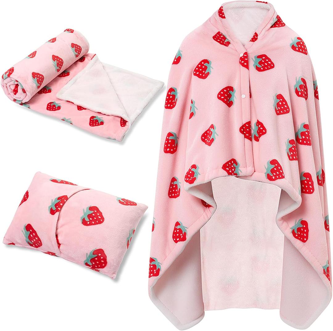 Valentine Day Plush Wearable Blanket Pink Strawberry Fleece Travel Blanket Women Pillow 2 in 1 with Sleeves and Buttons Lap Throw Shawl for Office Sofa Winter Warm Accessories Gifts