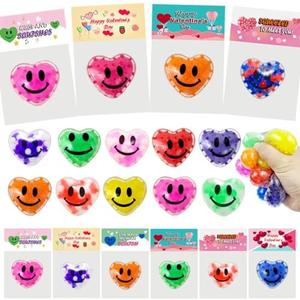 24 Pack Valentines Day Gifts Cards with Heart Stress Balls Squishy Squeeze Toys Great for Valentines Party Favors Valentine's Day Gifts