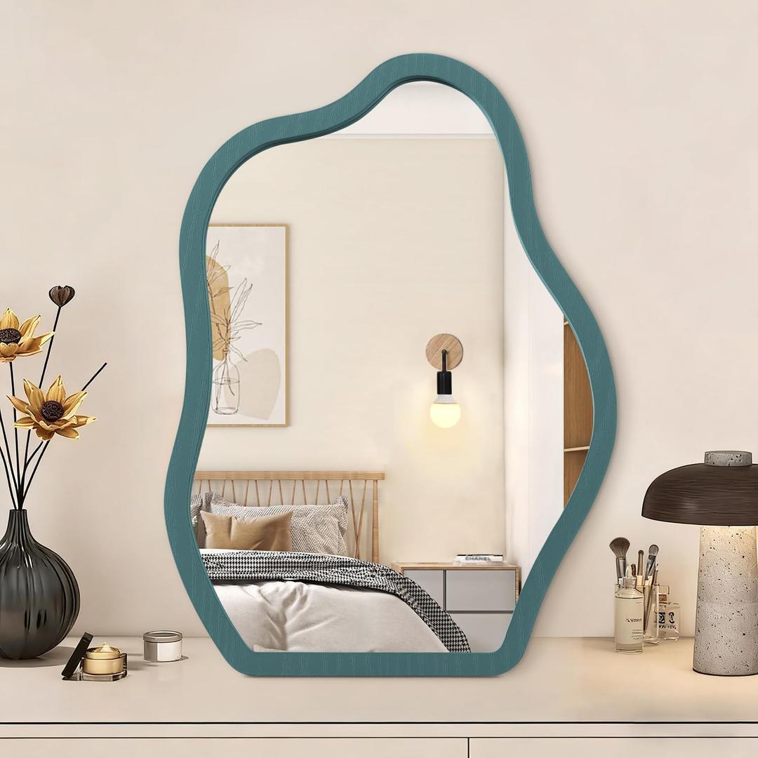 Desk Mirror with Wood Stand Makeup Standing Portable Wood Tabletop Mirror for Hanging High Definition Room Decor Small Modern Vanity Living Room Bedroom Tabletop Bathroom (14"L x 10"W, Blue)