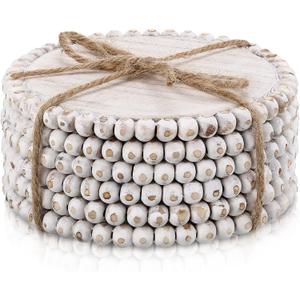 Honeydak 6 Pcs Beaded Wood Coasters Farmhouse Coasters Rustic Round Beaded 3.94 Inches Boho Home Wood for Drinks Bar Coffee Table Top Home Kitchen Housewarming Wedding Gift Decor(White)