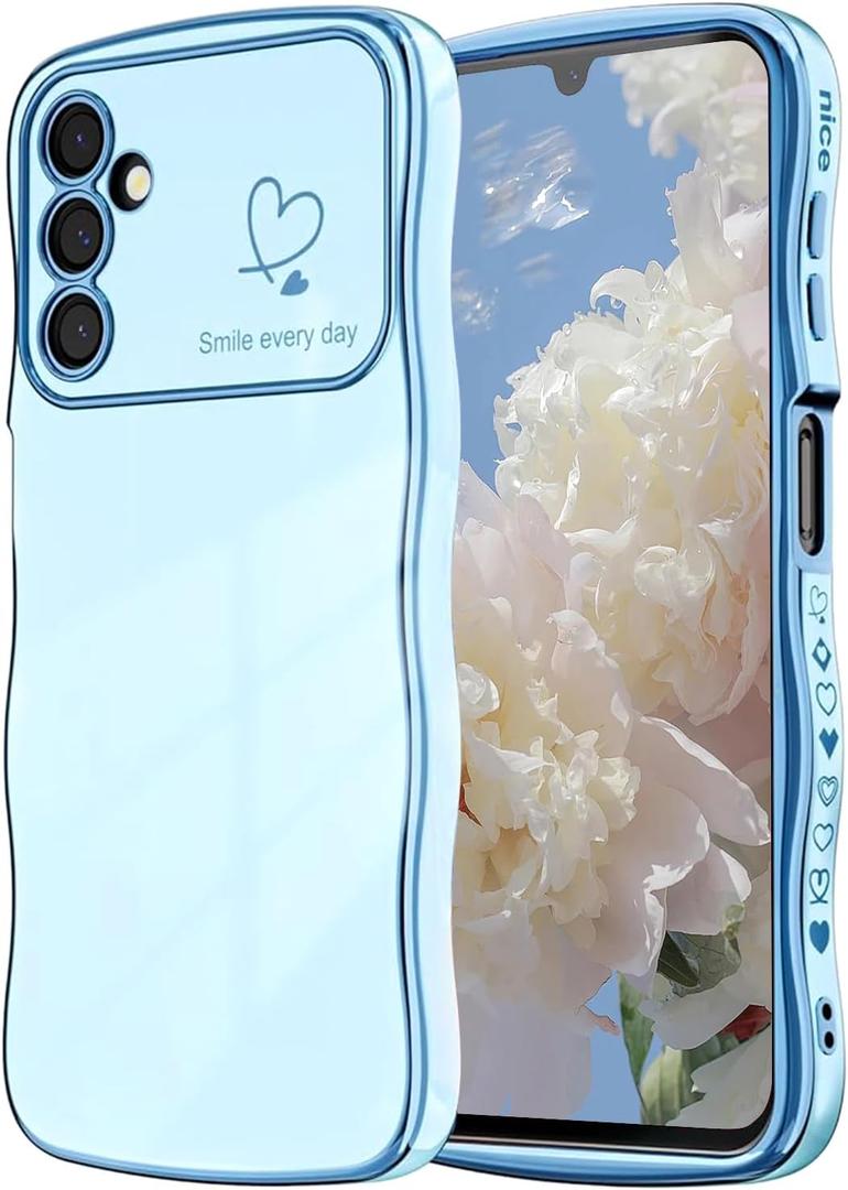 NITITOP Compatible with Samsung Galaxy A25 5G Case Cute Luxury Women Girls Men with Love Heart Electroplated Pattern Curly Wave Frame Raised Camera Shockproof Protection Cover-Baby Blue