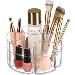 Masirs Small Rotating Makeup Organizer - A Mini Yet Spacious Cosmetic Storage Solution with Multiple Compartments. The Perfect Spinning Make-Up Caddy for Vanity or Bathroom Counter. (Round - Clear)