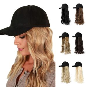 AynnQueen Baseball Cap with Hair Extensions for Women Adjustable Hat with Synthetic Wig Attached 24inch Long Wavy Hair Black Baseball Cap (Bleach Blonde)