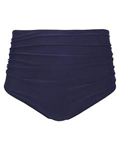 Tempt Me Women Retro High Waist Bikini Bottom Navy Blue Ruched Swim Brief Short M
 (Medium, Navy Blue)