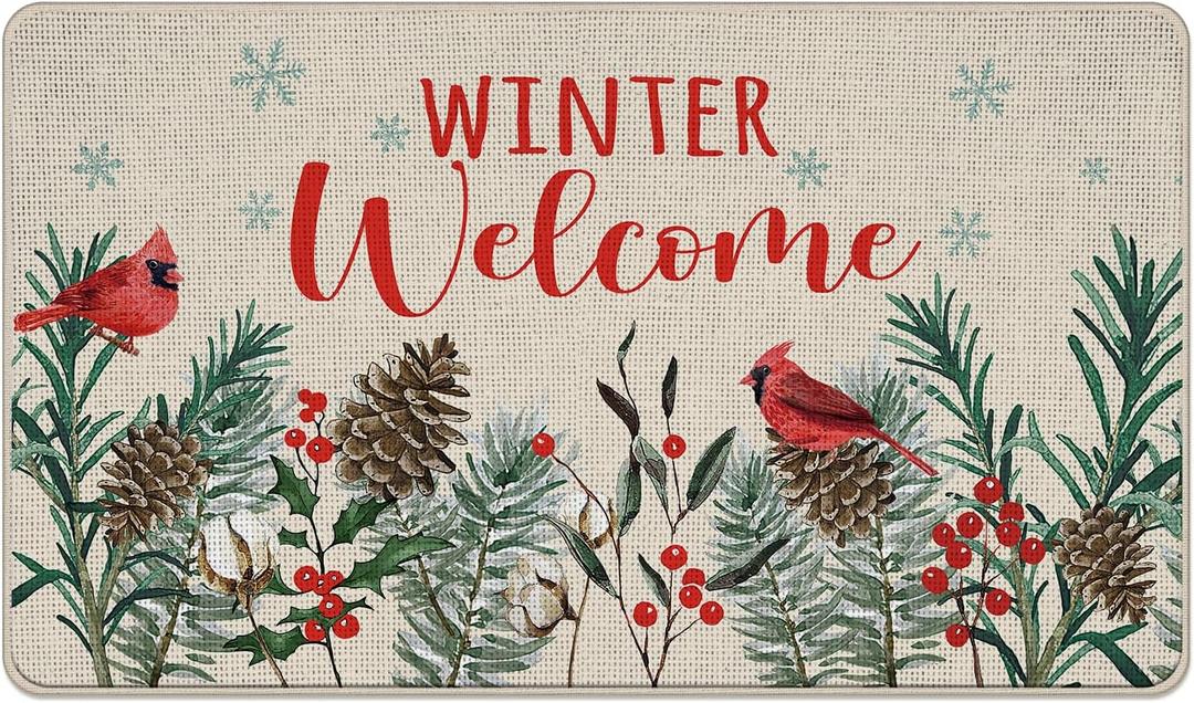 Winter Welcome Cardinal Birds Decorative Front Door Mat, Xmas Pine Cone Pine Needle Doormat Indoor Outdoor Non-Slip Floor Entryway Rug, Christmas Seasonal Home Kitchen Decoration 17x29 Inch