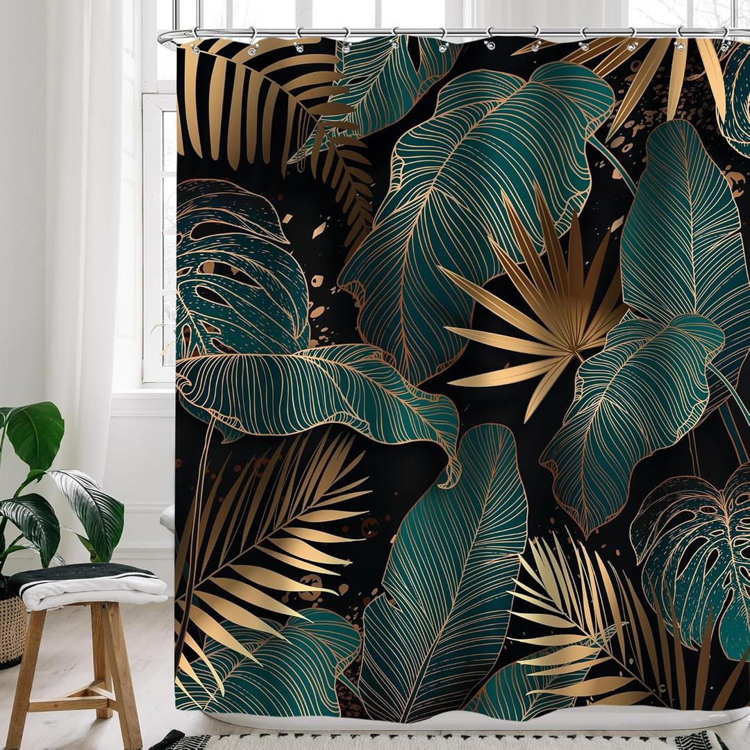 Emerald Green Shower Curtain,Black Gold Shower Curtain,72Wx72H Abstract Palm Leaves Tropical Monstera Bathroom Curtain Modern Brown Botanical Plant Hawaii Bathroom Decor Fabric with 12 Hook