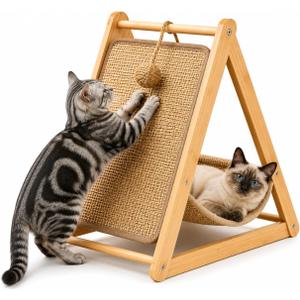 Cat Scratcher Bed for Indoor Cats, Wooden Sisal Cat Scratching Post with Hanging Ball Toy, Cat Lounge Bed for Kittens & Adult Cats