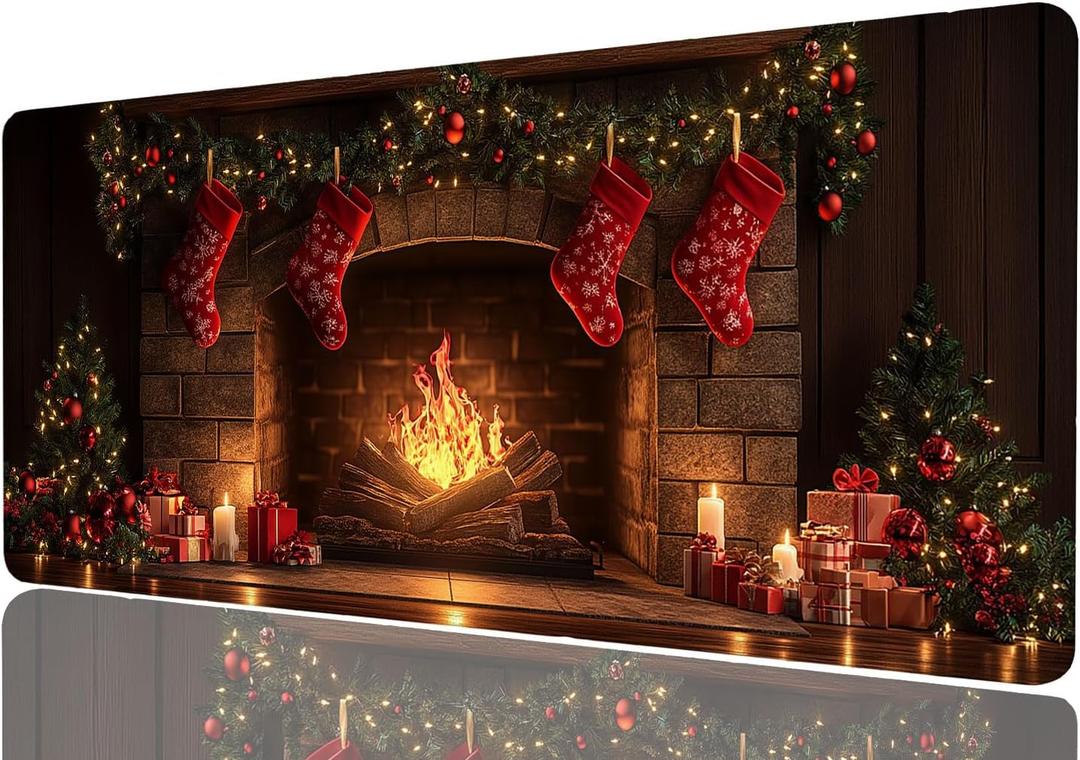 Holiday Christmas Desk Mat Festive Stockings Fire Cartoon Mousepad XL Large Gaming Mouse Pad Laptop Keyboard Mat Desk Pad Office Computer Keyboard Laptop Home, 31.5x11.8 Inch