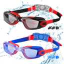 COOLOO Kids Swim Goggles, 2 Packs Swimming Goggles for Kids Girls Boys and Child Age 4-16 (02.black Red/Clear Lens&blue Red/Clear Lens)