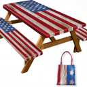 Picnic Table Cover with Bench Covers American Flag Waterproof Windproof Fitted Outdoor Tablecloth with Elastic Rectangle Table Cloth Camping Accessories,72x30 Inch