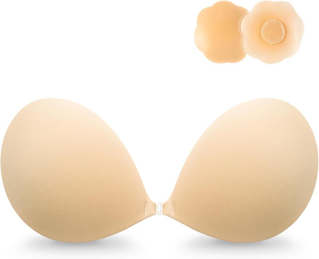 Wingslove Adhesive Bra Reusable Strapless Self Silicone Push-up Invisible Sticky Bras for Backless Dress (Light Nude Cover, A)