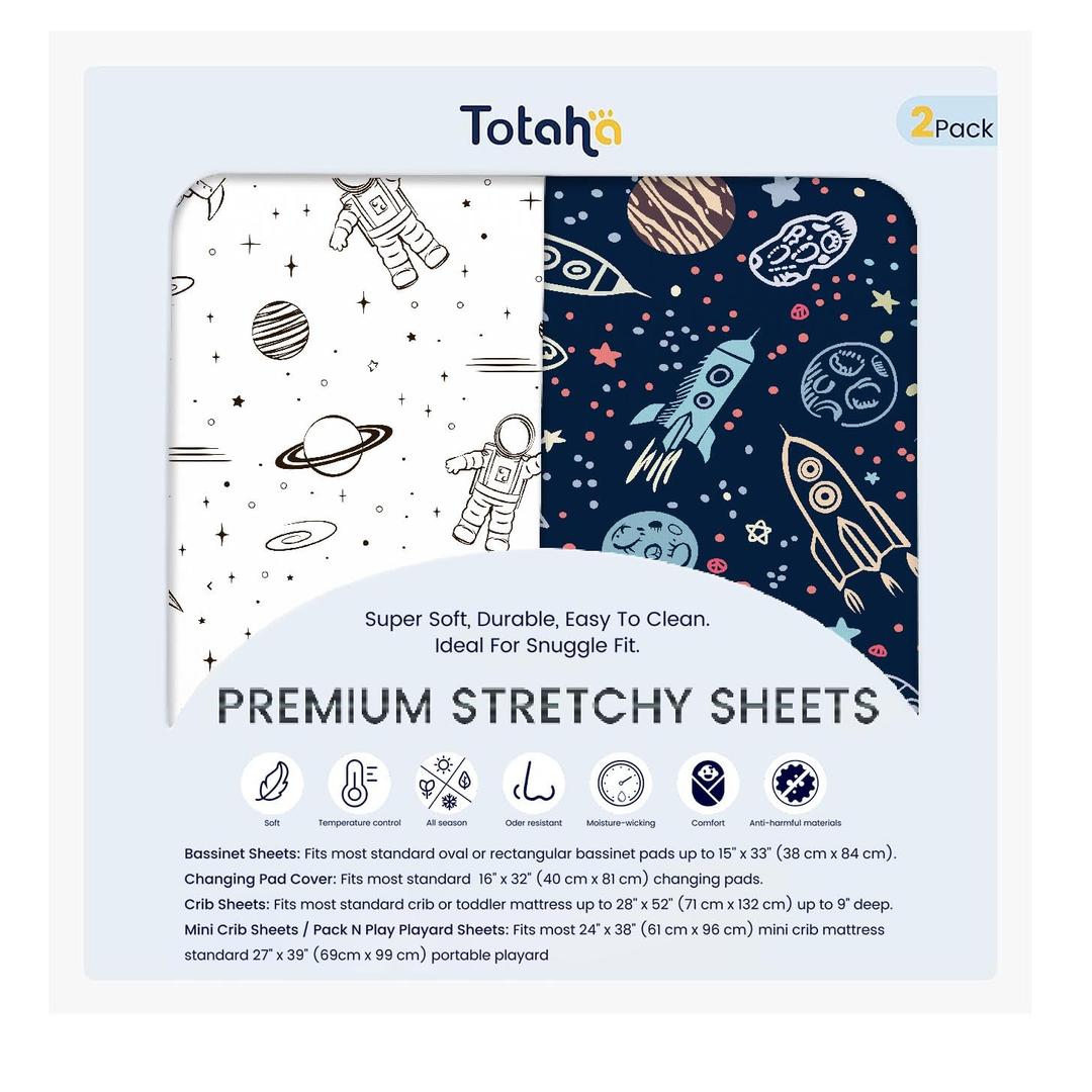 TotAha Premium Soft Space Pack n Play Sheets, Super Stretchy Jersey Knit Mini Crib Sheets Fitted, Silky Comfort Graco Pack and Play Mattress Sheets, 2 Pack (Starry Voyagers)