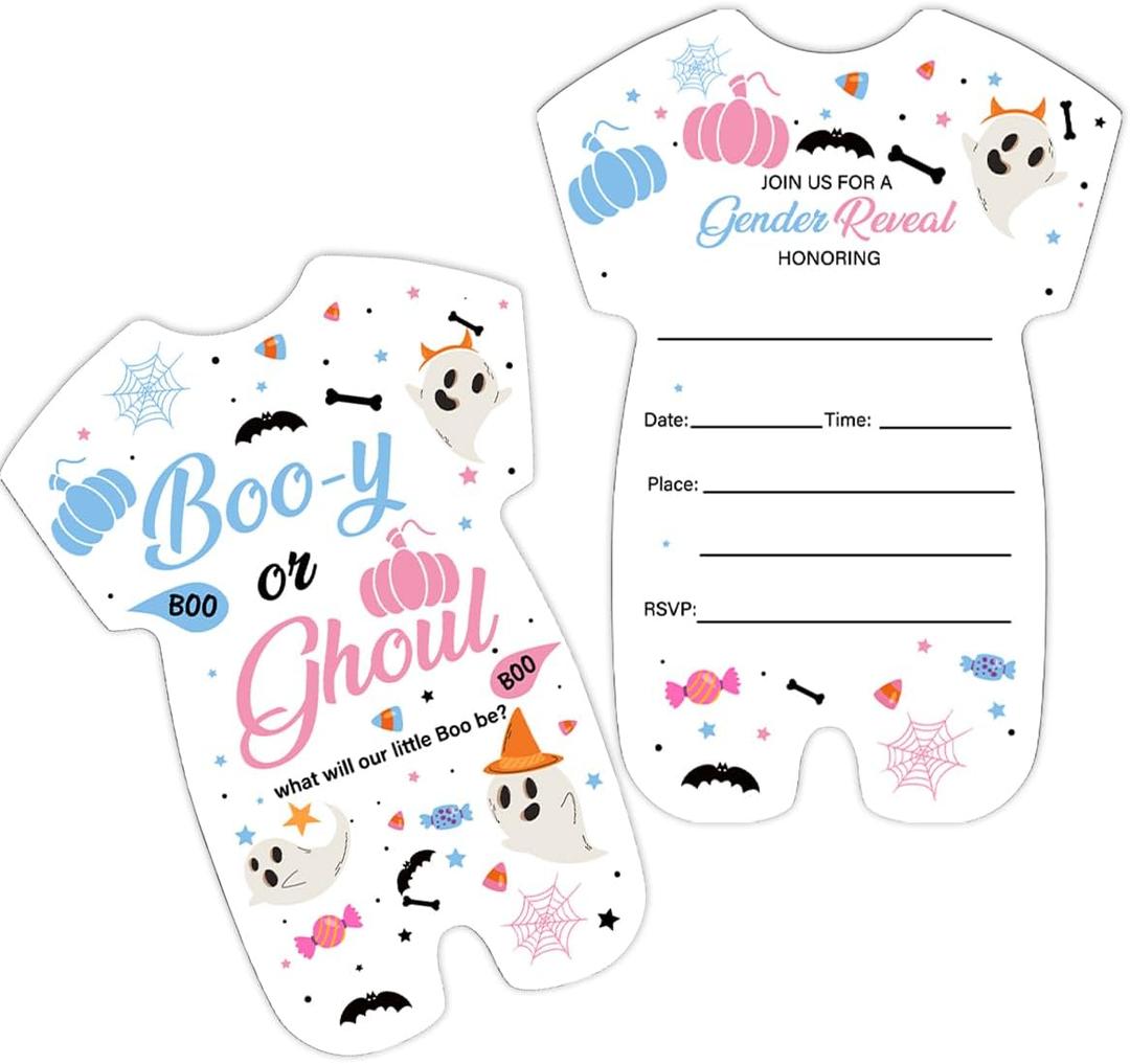 Halloween Gender Reveal Invitations Boo-y or Ghoul Shaped Invitations Set of 20 Boy or Girl Invites with Envelopes