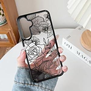 XIZYO for Samsung Galaxy S24 Case, Cute Phone Case Floral Rose Aesthetic Flower Clear Case for Women Girls Slim Pattern Anti-Yellow Shockproof Protective TPU Bumper Case, Black 