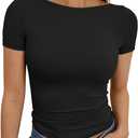 Trendy Queen Womens Boat Neck Short Sleeve T-Shirts Fitted Compression Summer Y2k Basic Tops 2026 Spring Outfits Clothes, M