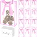 GAWBYET 24 Pcs Clear Plastic Gift Bag with Die Cut Handles Reusable PP Favor Bag with Ribbon and cards for Valentine Wedding Bridal Birthday Baby Shower Party, 7x10x3.15 Inch(Pink)