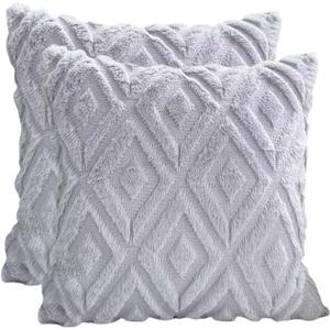 Plush Decorative Throw Pillow Covers Pack of 2 Faux Fur Couch Cushion Case with 3D Diamond Pattern for Sofa 18 x 18 Inch, Gray