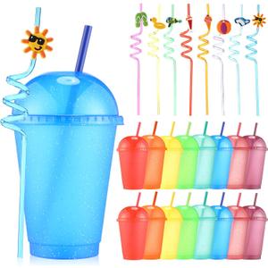 Jingmore 16 Pcs 16 oz Plastic Reusable Cups with Lids and Straws Glitter Plastic Tumblers with Straw and Lid Water Bottle Iced Coffee Travel Mug Bulk for Summer Birthday Wedding Party(Multi Color), 4.7 inches x 3.94 inches