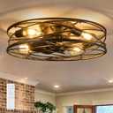 Flush Mount Caged Ceiling Fan: 20" Caged Ceiling Fan with Lights and Remote, Bladeless Low Profile Ceiling Fans 6 Speed Reversible Quiet Industrial Enclosed Ceiling Fan for Bedroom Dining Room Kitchen (Black Brush Gold)