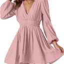 FAIABLE Mini Deep V Sexy Long Sleeve Dress for Women A-line High Waisted Casual Flowy Dress for Cocktail Wedding Guest, Medium
