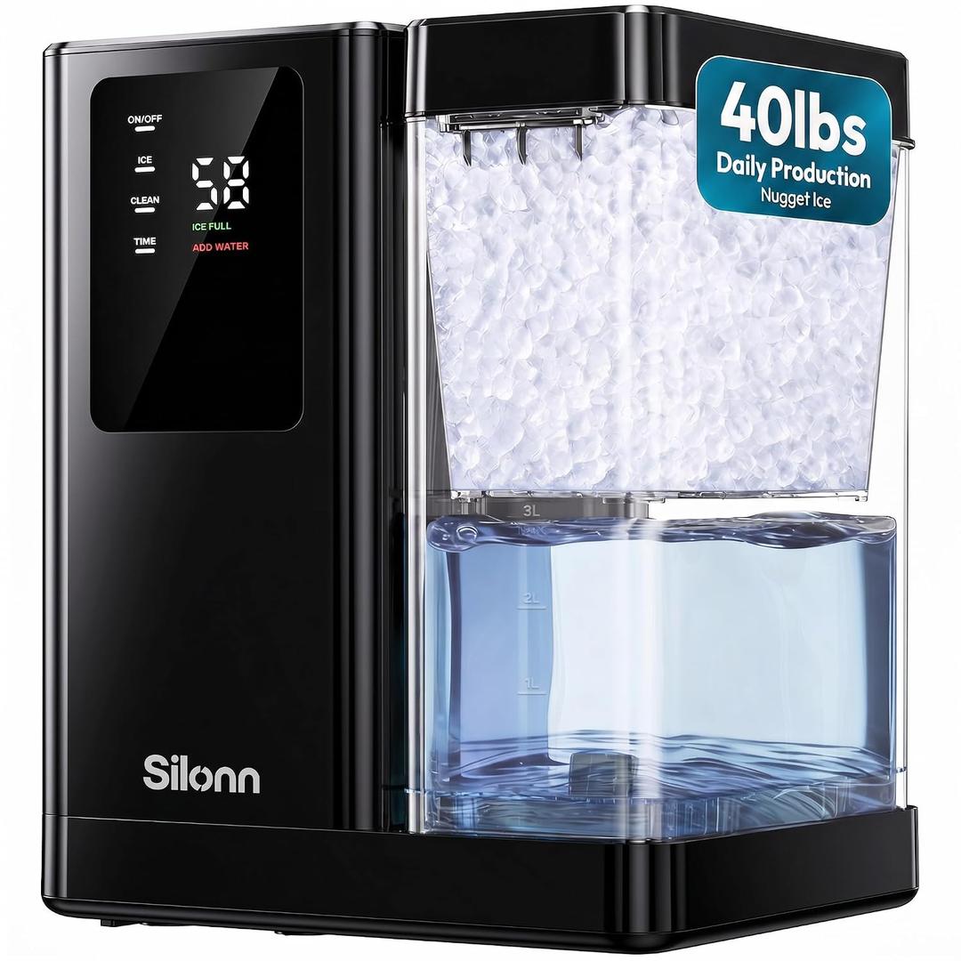 Silonn Countertop Nugget Ice Maker, 40 Lbs Daily Ice Production, | Self-Cleaning Pebble Ice Machine with 3L Removable Water Tank, 12H Timer, Quiet 40 dB Operation for Home, Office & Parties